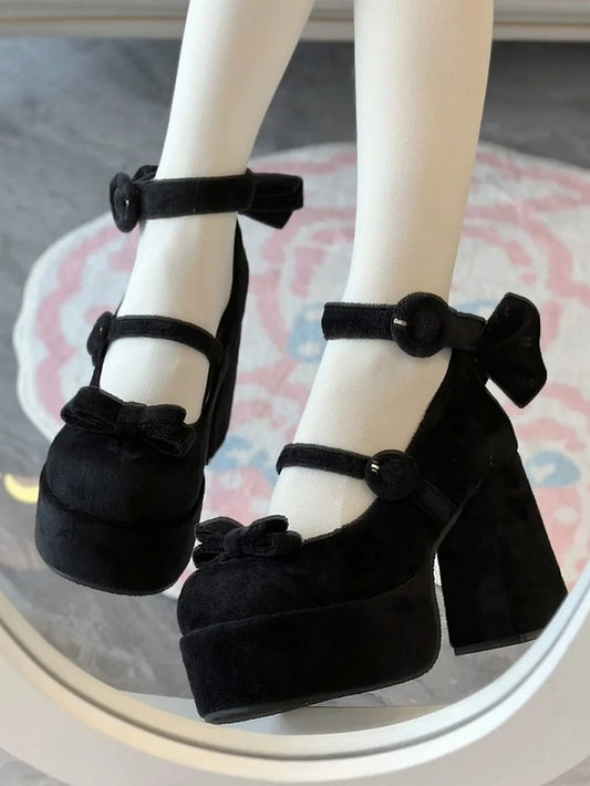 Classic Platforms Bowknot Details High Buckle Lolita Velvet with Black Block Ring Heels Design