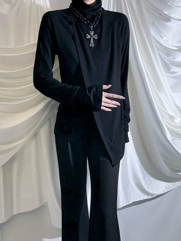 Top Long Lolita Slim-fitting Black Ouji Design Mock Collar Sleeve