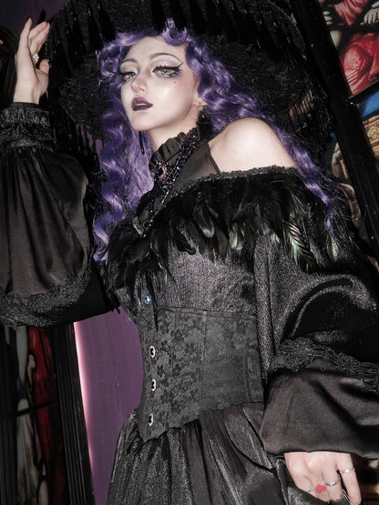 Black Open Shoulder Gothic Shirt with Illusion Halter Neck and Detachable Feather