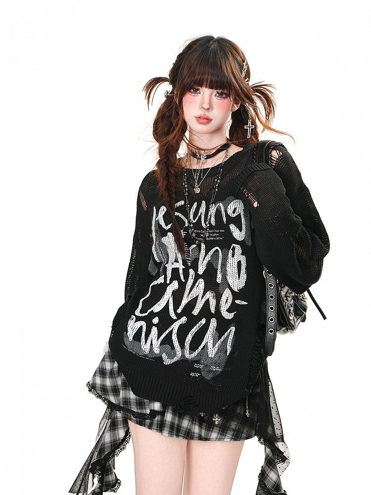 Top Distressed Weiß/Braun/Schwarz Buchstabendruck Löcher Sommer Sonnenschutz Aushöhlen