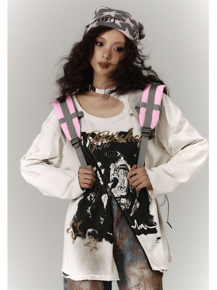 Zipper and Detail White Distressed Top with Cutout Shoulder