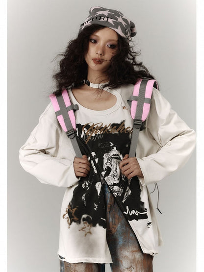 Zipper and Detail White Distressed Top with Cutout Shoulder