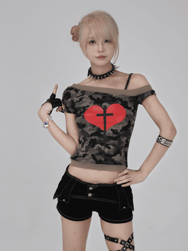 Asymmetrical T-Shirt Neckline Heart and Cross Print Army Green Camo Y2K