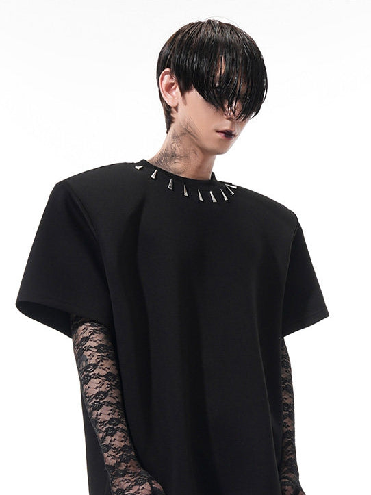 Studded T-shirt Shoulder Men Black for Padding Design with