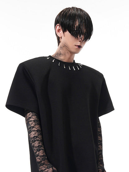 Studded T-shirt Shoulder Men Black for Padding Design with