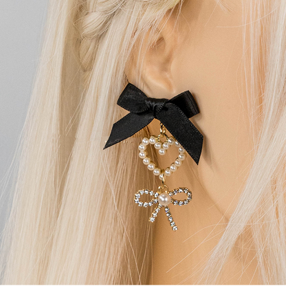 Pink/Black Jirai Kei White/Dusty Bow Beaded Heart Ear Clips