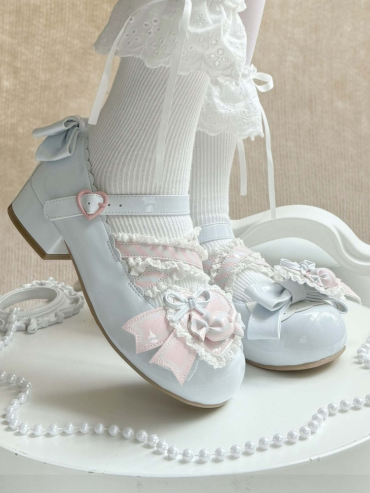 - Low Heels Pink mit Clip Style Lolita Sweet A Candy-Decorated Heart Shoe Bow Blue