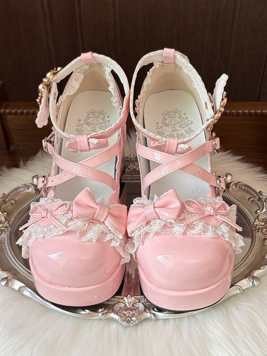 with Pink Crisscross Mary Design Heel - Sweet Lolita PU Print Janes Platform Dessert Spoon