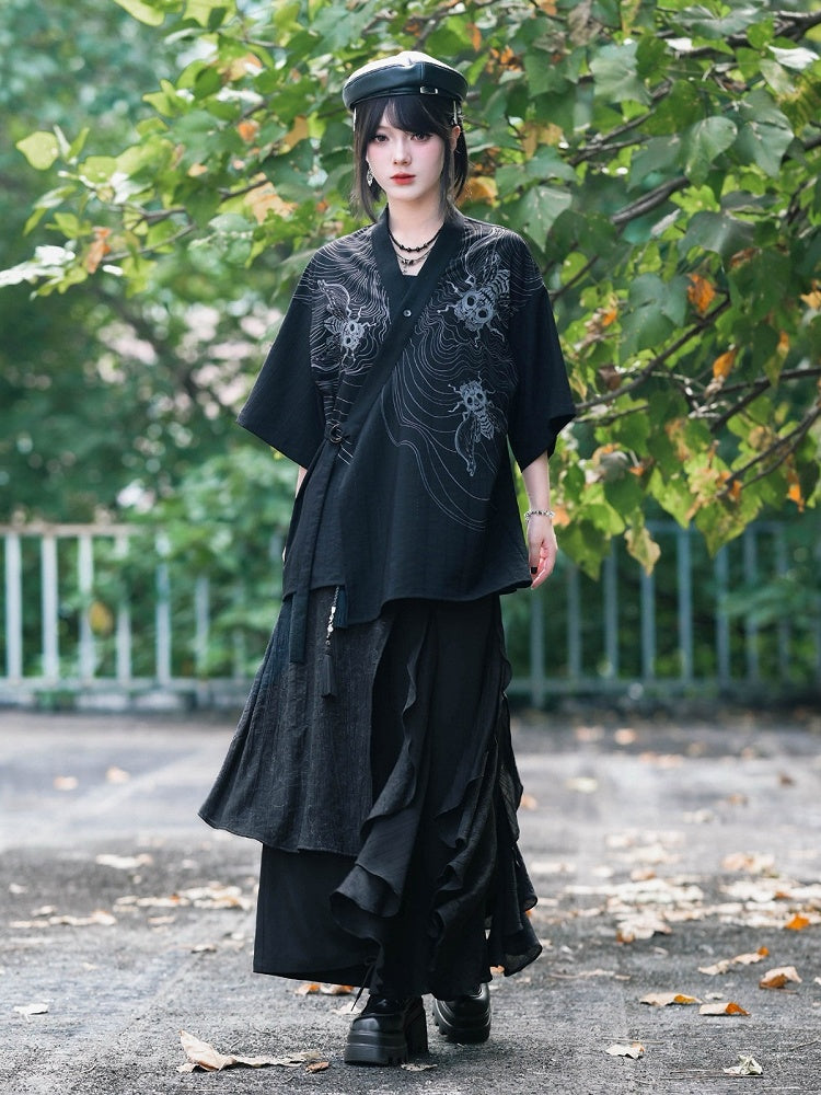 Dark Asymmetric Wide-Leg Pants with Spliced Panels - Quirky Hut