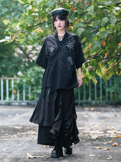Dark Asymmetric Wide-Leg Pants with Spliced Panels - Quirky Hut