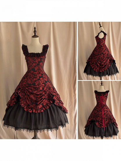Red and Black Lace Trim JSK Gothic Lily - Miss Point
