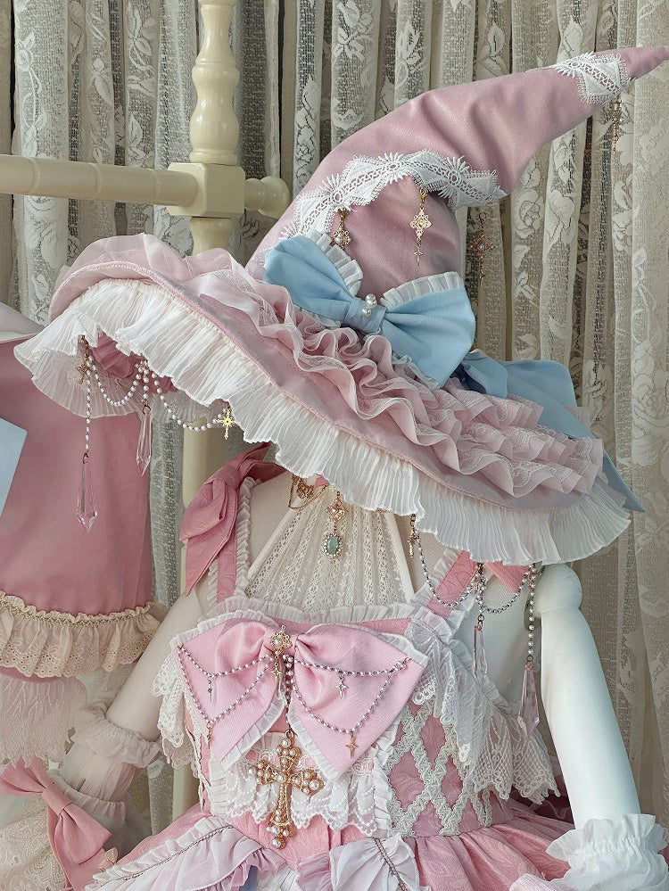 Rosa und Blau High Waist Süßes Hexenkleid Lolita Pulloverrock Komplettset