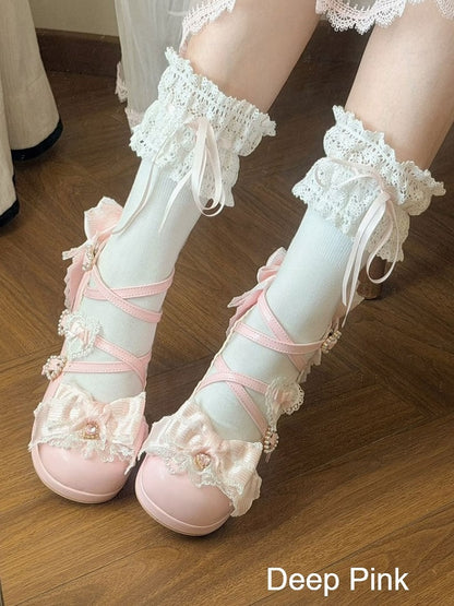 Sweet Lolita Pink Middle Heel Platform Shoes with Lace - Sheep Puff