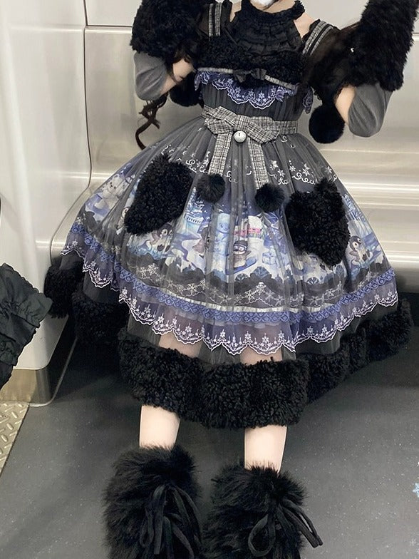 Black Lolita Jumper Dress Penguin Snowball Winter Plush Heart Pocket Theme - Lineall Cat