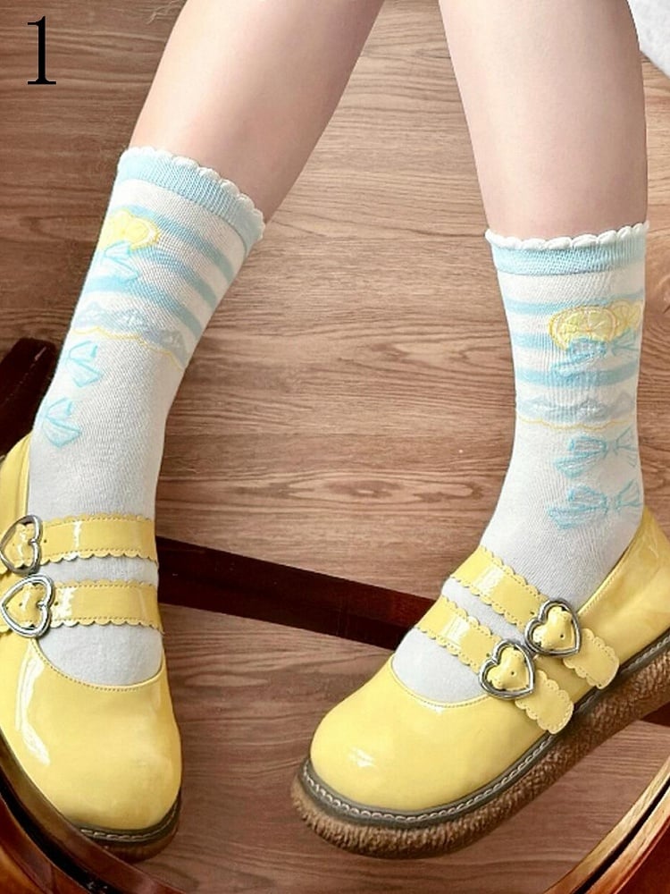 Blaue Rüschensocken Bowknot Print Lolita Lemon Trims Kalb süß