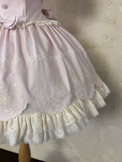 Pink Old School Lolita Cotton OP Dress with Embroidered Scallop Trim Skirt - Secret Tea Party