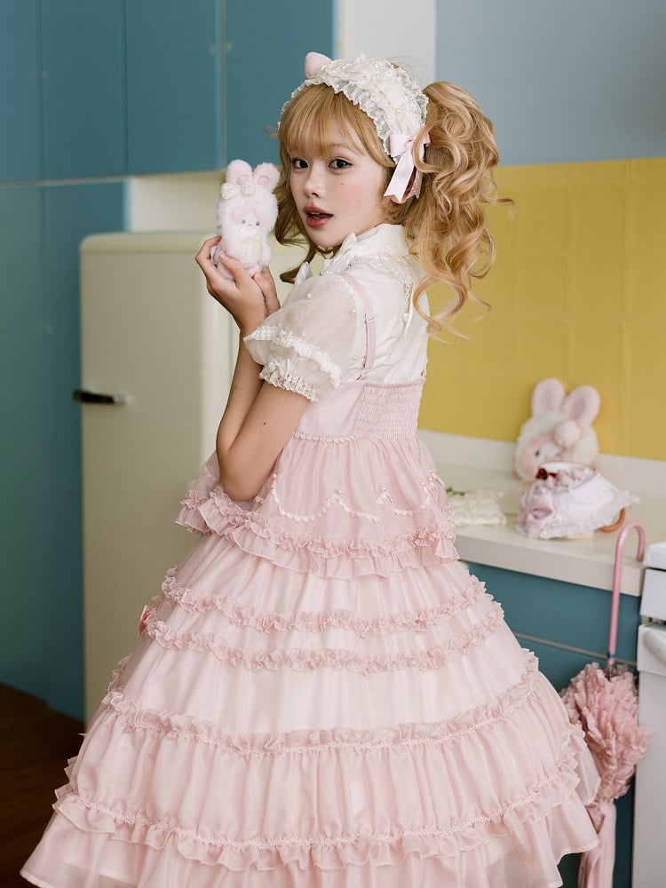 Süßes Lolita-Kleid mit rosa Schleifenakzenten und Rüschenbesatz