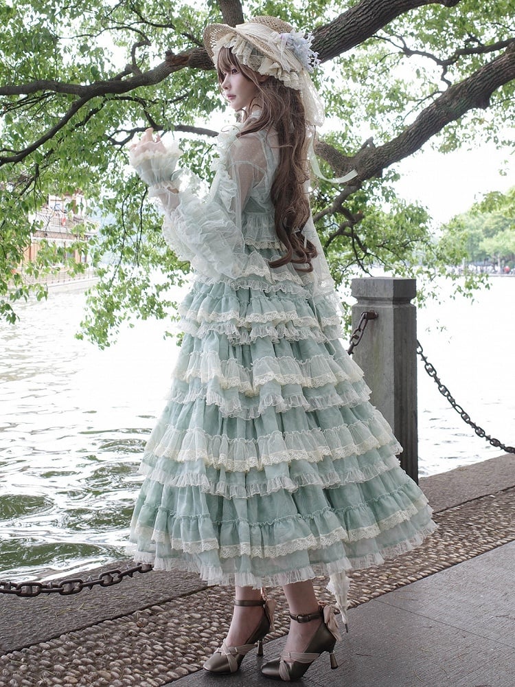 Goldfisch verstellbares Kleid und Grün mit Trägern Lolita Stickerei Rüsche mehrschichtig süß