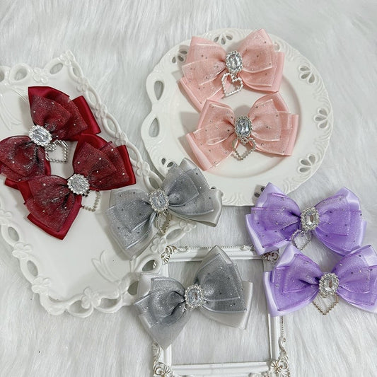 Jirai Hairclips Bow Heart Colors 8 Rhinestone Kei