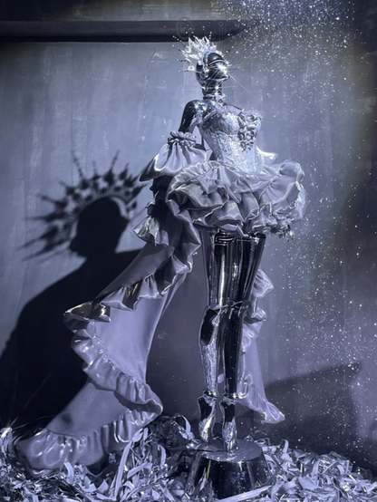 + Schnür-Ballettoberteil, komplettes Set, große Ärmel, Rock, Schleppe, Schleife, Korsett, silberfarben