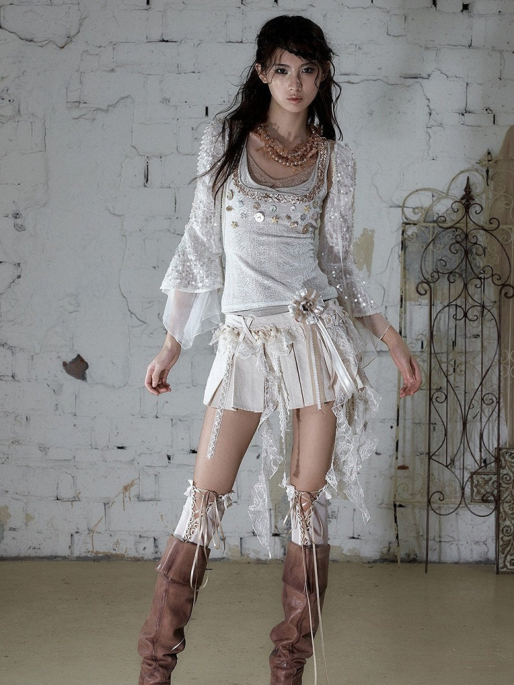 Off-White Fake Three-Piece Knit Cami Top with Shell Buttons - NO ROMANCE
