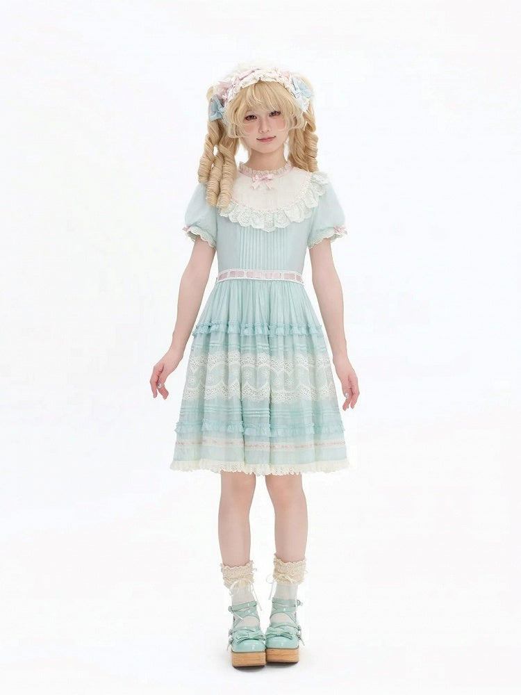 Short Mint Green Puff Sleeve Lace Trim Elegant Lolita Dress - Pumpkin Planet