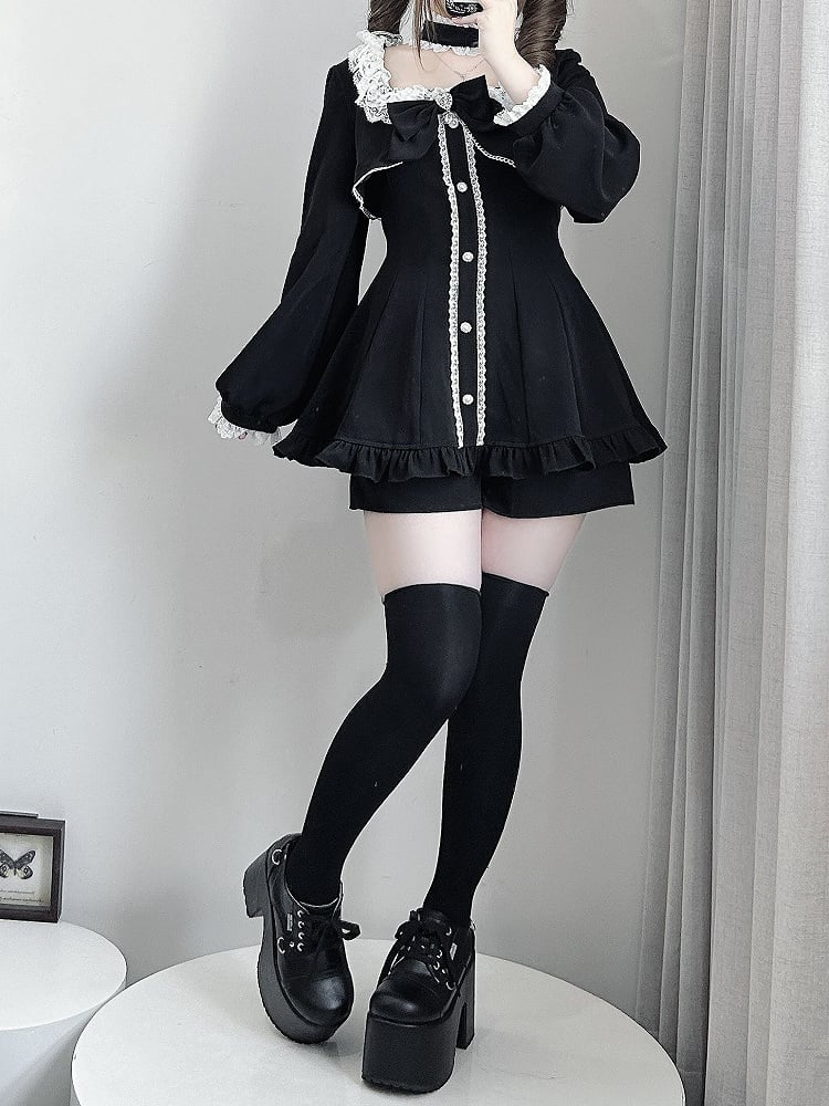 Black Jirai Kei Long Sleeve Coord Set- Square Neck Top with Lace Edging, Shorts, Bow Tie & Choker