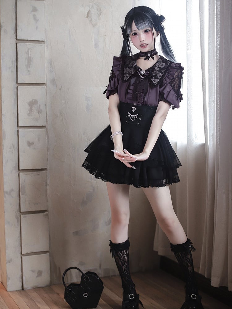 Jirai Kei Purple Lace Cutout Shoulder Short Sleeve Blouse with Ruffle Details - Ekomi