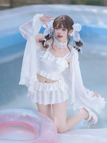 詳細 ティアードトリム ホワイト リボンフリルスカート + トップ 水着