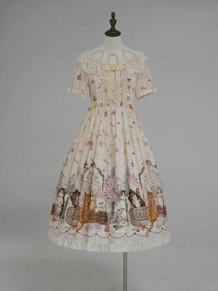 Beige Cat Print Round Neck Sweet Lolita Dress with Lace Trim - NyaNya