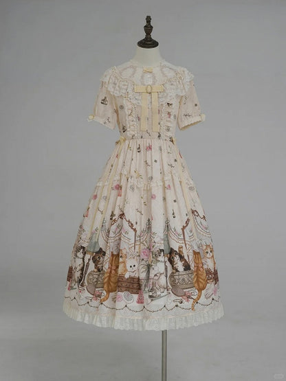 Beige Cat Print Round Neck Sweet Lolita Dress with Lace Trim - NyaNya