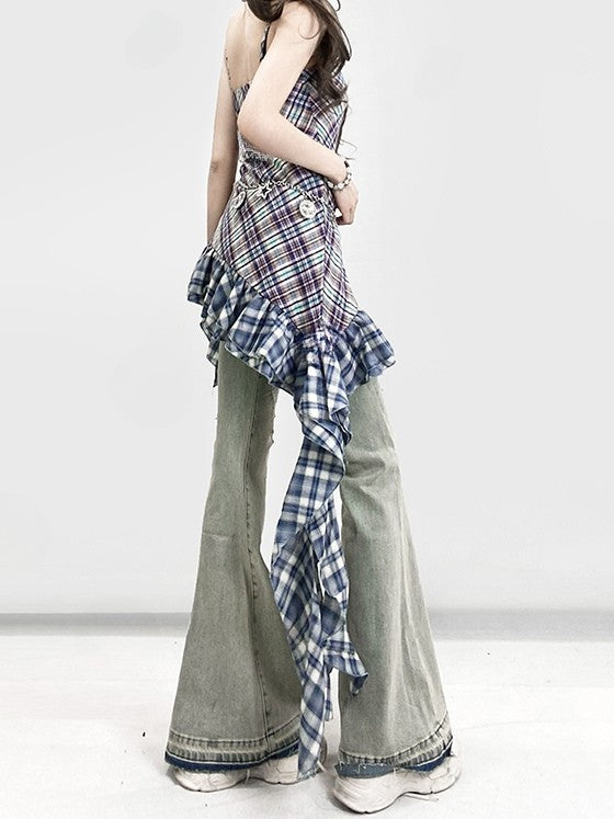 Pattern Asymmetrical Plaid Glamorous Cami Hem Y2K Top BluePurple