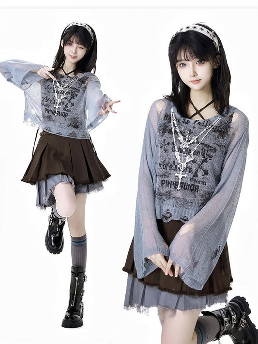 Hollow-out Sun Grey Cross Print Holes Coverup Distressed Protection