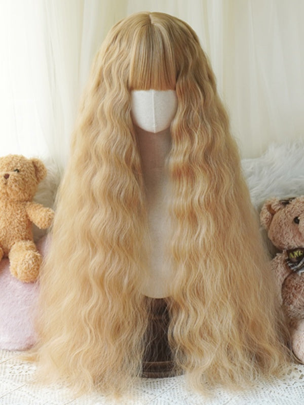 Schwarz/Blond/Hellblond/Pink, hüftlange, gewellte Perücke mit vollem Pony