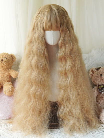 Schwarz/Blond/Hellblond/Pink, hüftlange, gewellte Perücke mit vollem Pony