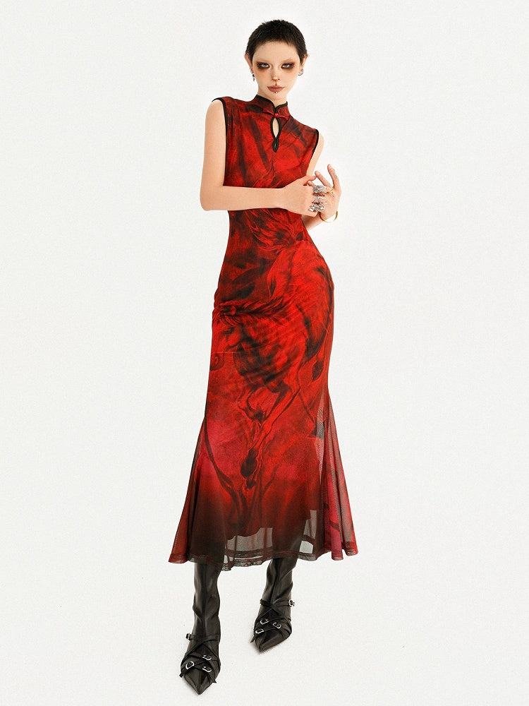 Sleeveless Cheongsam Dress with Oil Painting Horse Pattern