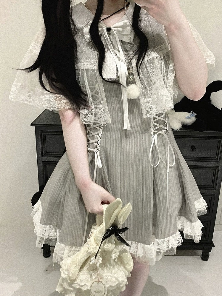 Lace Cape Design Dress with Bow, Short Sleeve, 4 Colors, Landmine - Kitty Bxllet