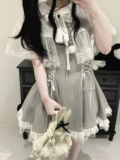 Lace Cape Design Dress with Bow, Short Sleeve, 4 Colors, Landmine - Kitty Bxllet