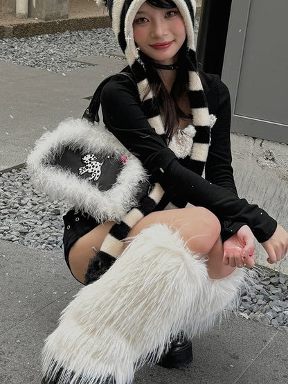 Weiß/Grau/Kaffee Y2K Shaggy Beinwärmer