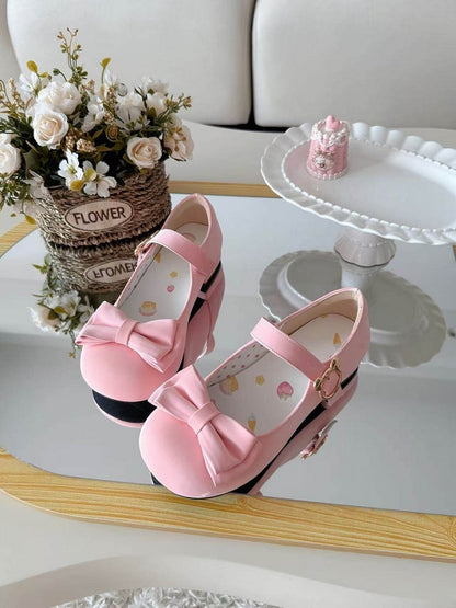 3 Colors Lolita Low Heels Round Toe Shoes with Bow and Metal Buckle Details - Moon Baby Diary