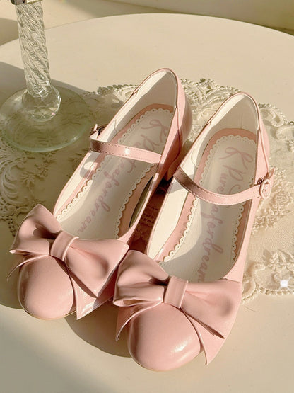 Pink Classic Lolita Shoes in PU Leather with Mid-heel Design, Bow Accents & Round Closure