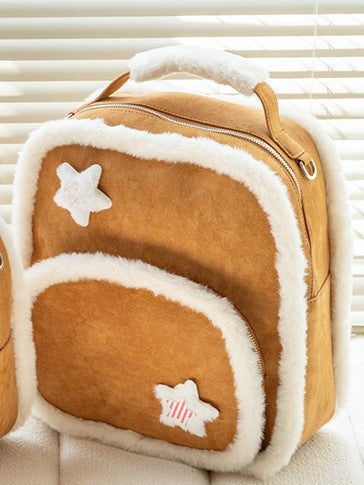 Warmy Large-Sized Brown Backpack With Plush Trim Style In Kawaii