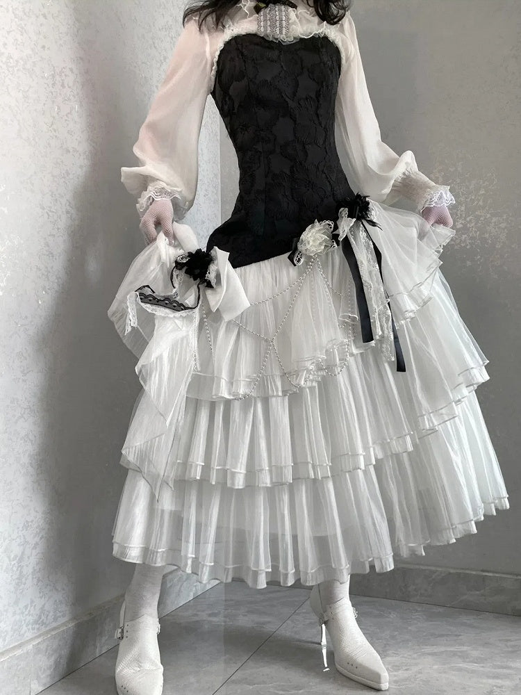 クラシックなJSK、エレガントなレイヤードフルチュール、スリムボディス、ジャカードヘム、ホワイトロリータ、ブラックフィット、フローラルセット