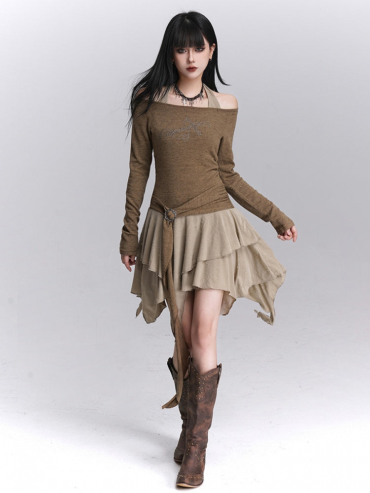 Khaki Faux Skirt Off-Shoulder Halter Handkerchief Two-Piece Hem Tiered Top Dress: Coffee Gothic