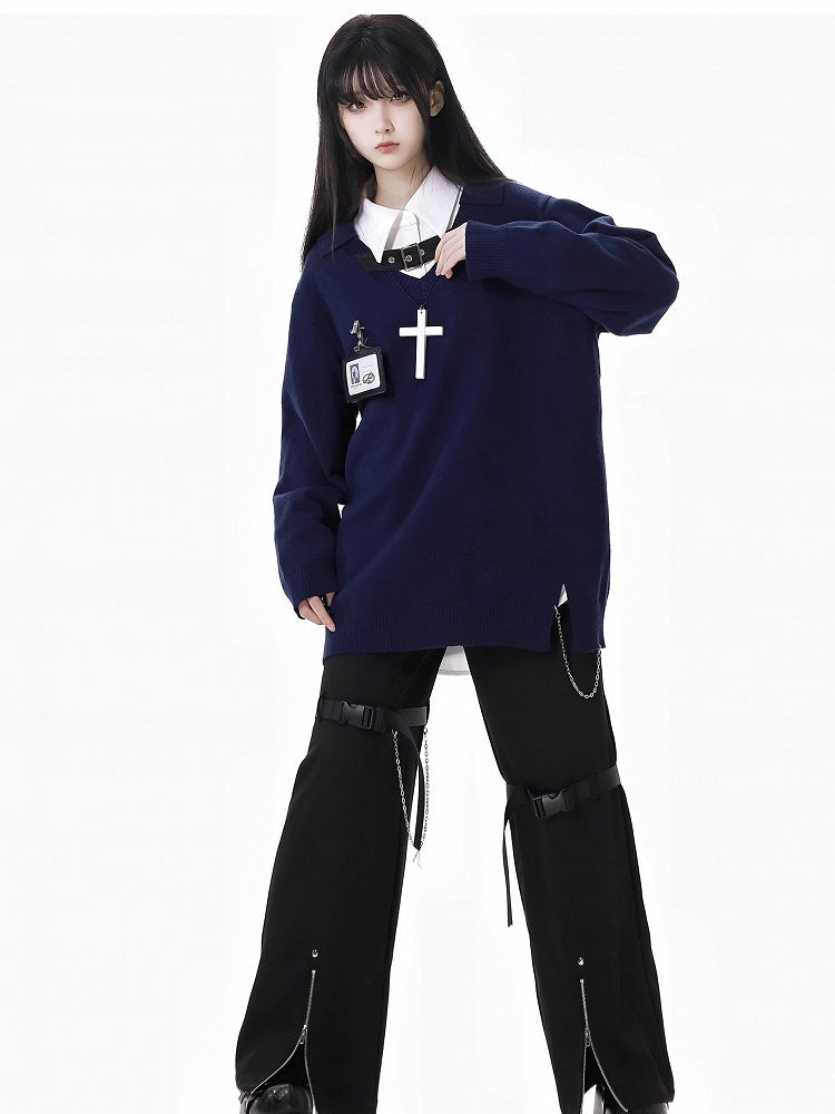 Free Holder Navy Blue V-Neck Buckle Card Strap Spring Sweater Necklace