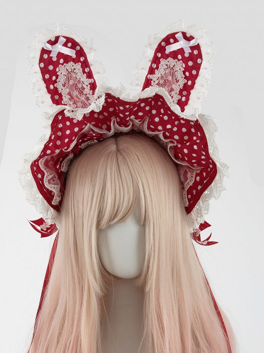 Ruffled Heart Red Bonnet Polka-Dot Lace Charm with Bunny-Ear