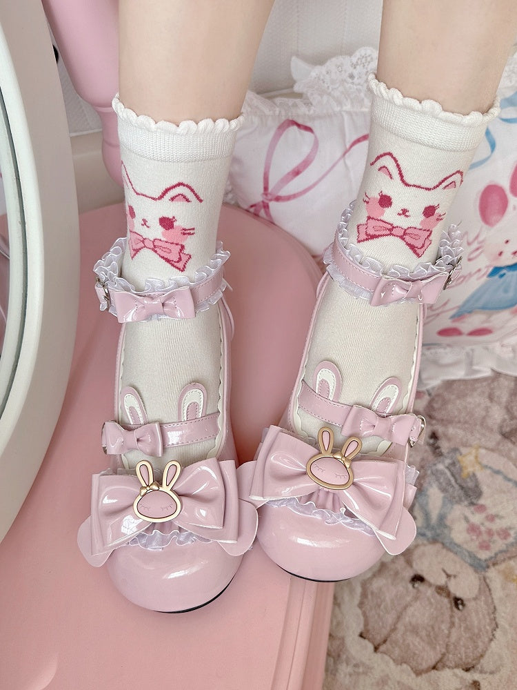Kitty Ankle White Pink Print Socks Lolita