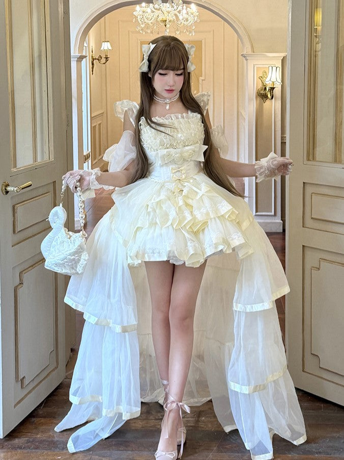 Beige Elegant Lolita Jumper Dress with Train and Arm Sleeves - Diamond Honey