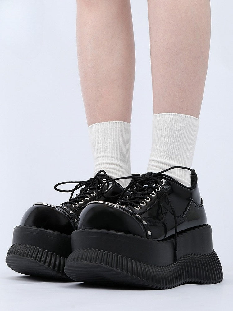 Plate Accents Details Black Stud Punk Design - Metal Lace-Up Platforms with