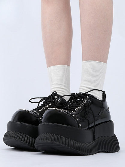 Plate Accents Details Black Stud Punk Design - Metal Lace-Up Platforms with